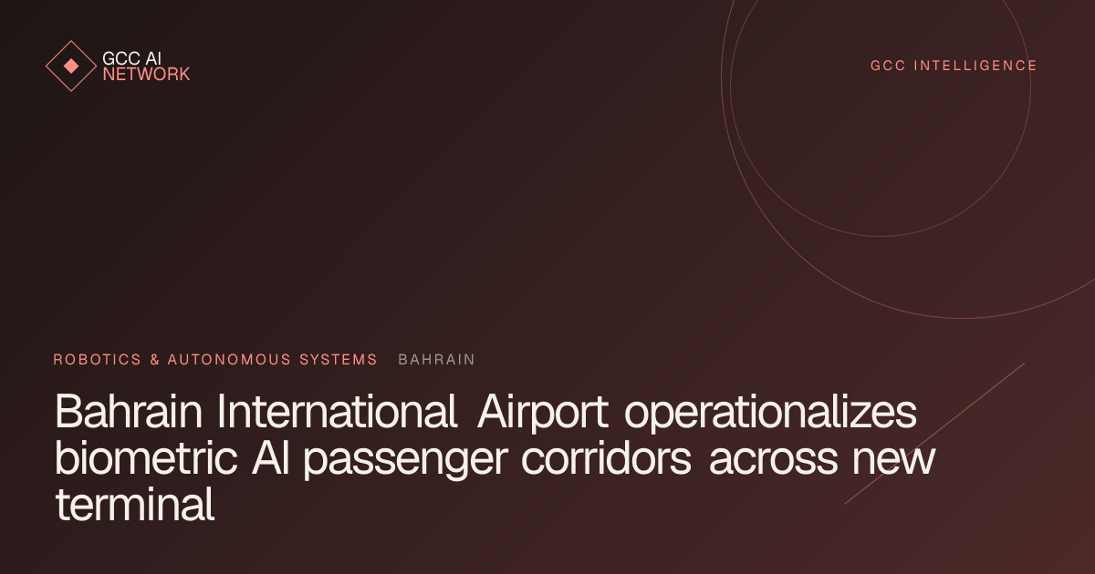 Editorial graphic showing biometric smart gates and automated passenger transit at Bahrain Airport