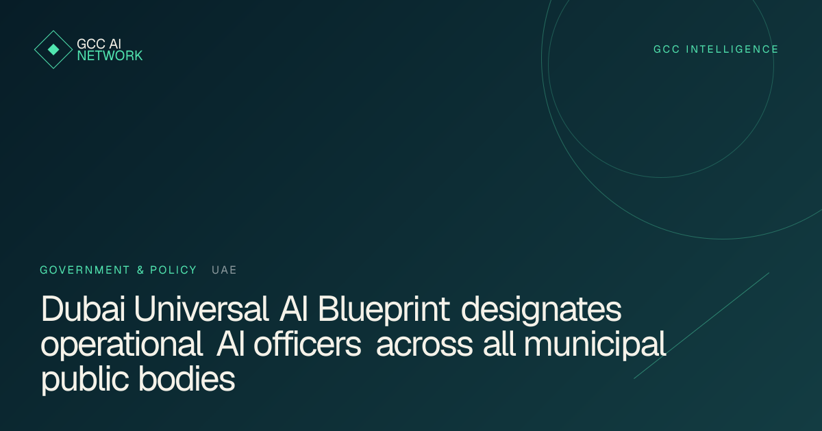 Editorial graphic illustrating Dubai's Universal AI Blueprint and municipal service automation