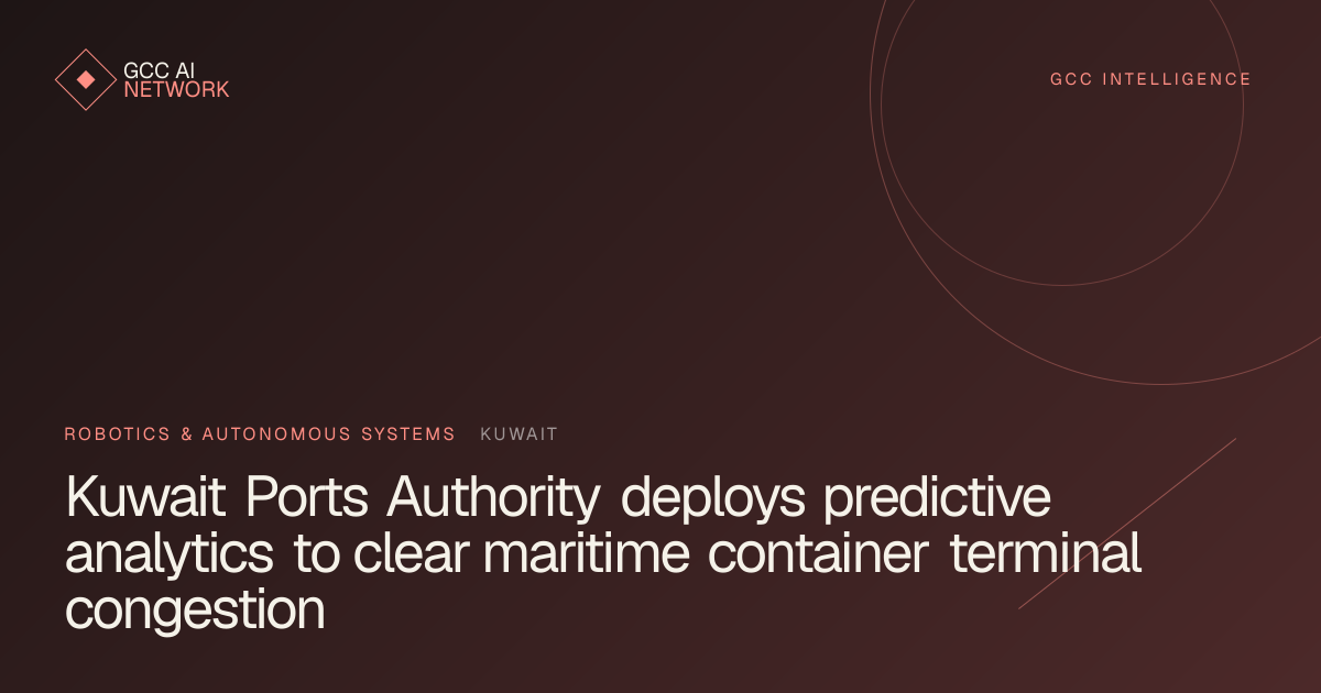 Editorial graphic showing predictive logistics and automated container terminals at Kuwait Ports Authority