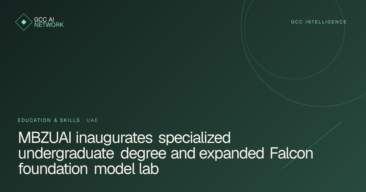 Editorial graphic showing MBZUAI university campus and advanced Falcon AI research laboratories