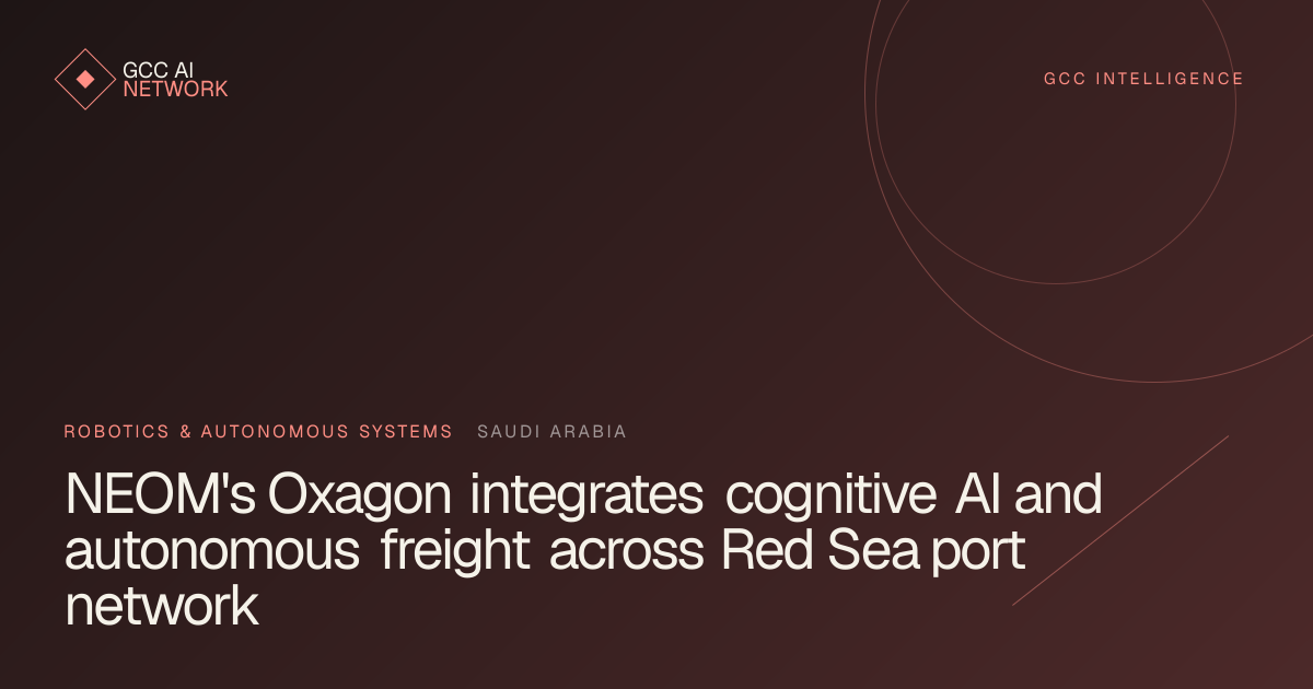 Editorial graphic depicting NEOM Oxagon's automated container terminal and autonomous port vehicles
