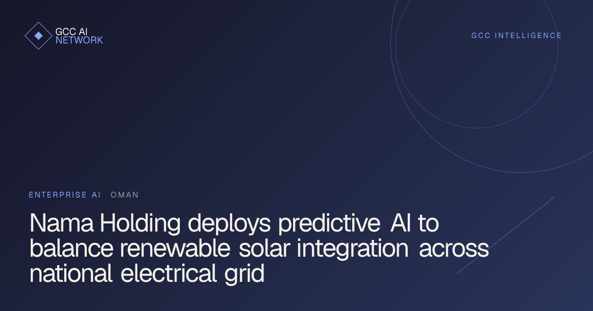 Editorial graphic illustrating Nama Holding predictive AI electrical grid balancing and solar energy in Oman