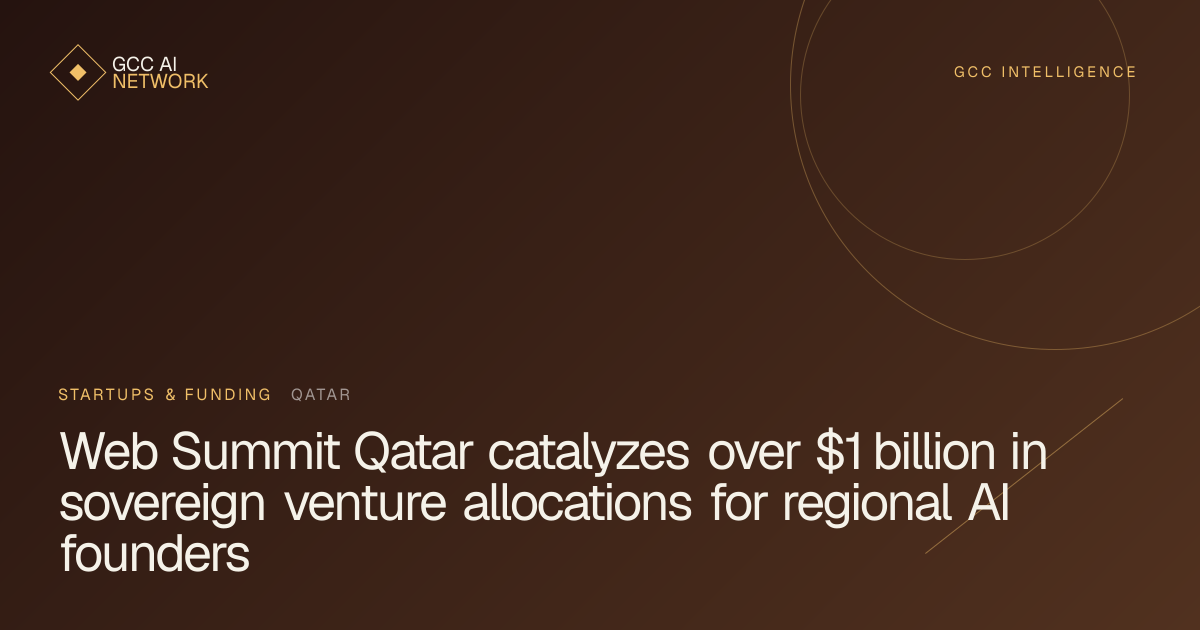 Editorial graphic showing venture capital investment and technology founders at Web Summit Qatar