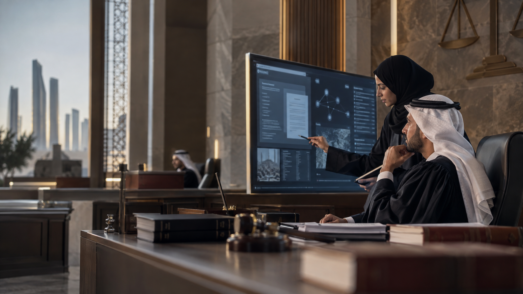 Legal professionals reviewing an AI-assisted case analysis workflow in a modern Abu Dhabi judicial setting