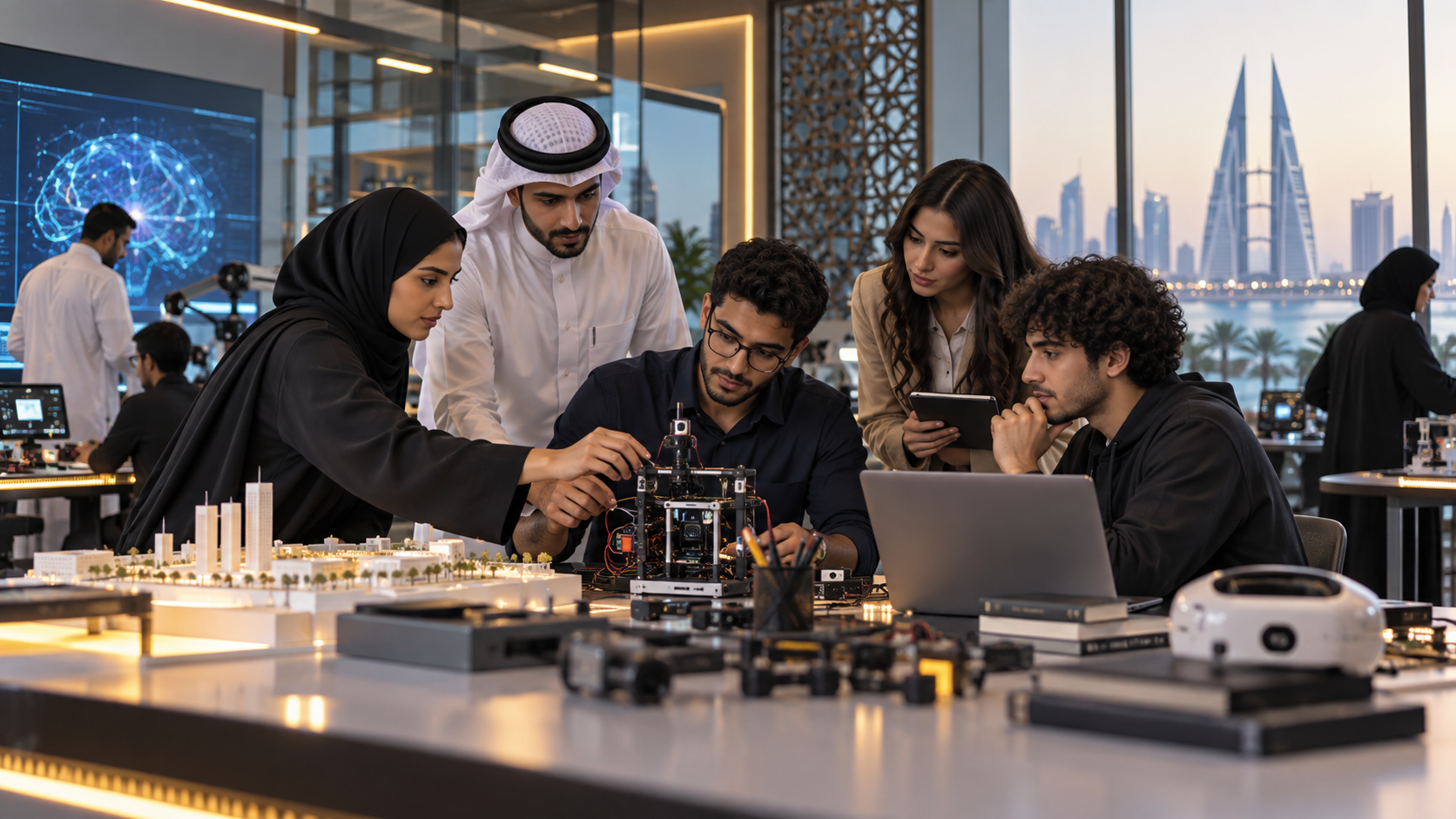 Bahraini university students developing applied AI prototypes in an innovation laboratory