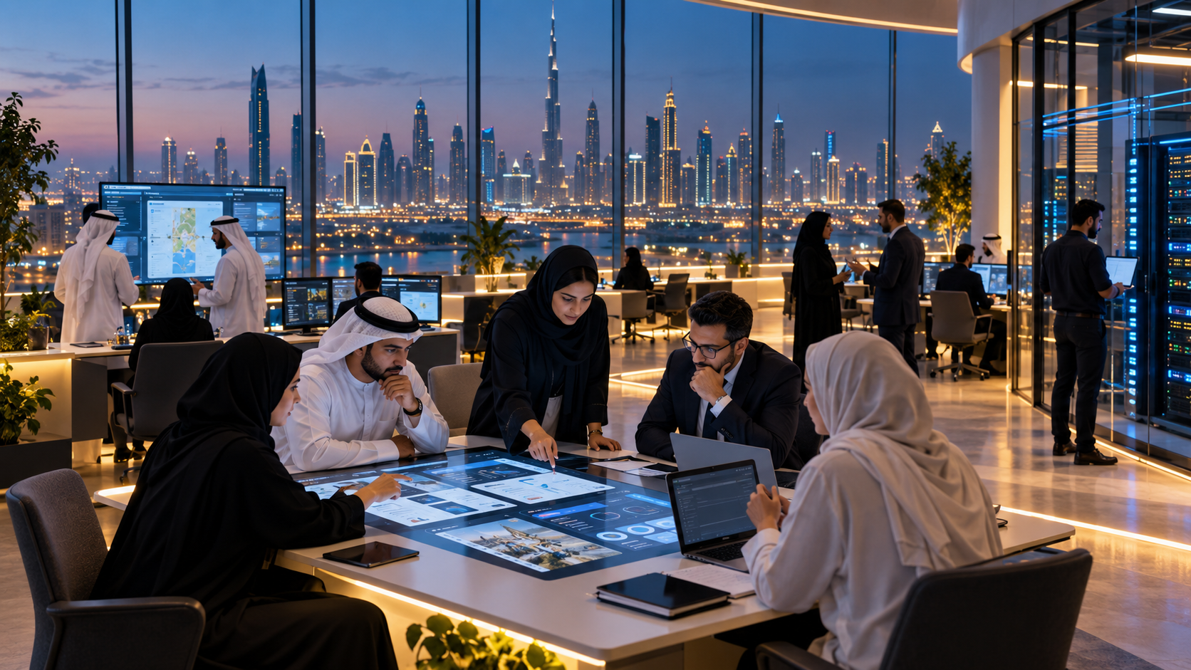 Dubai government teams assessing agentic AI service workflows in a technology centre