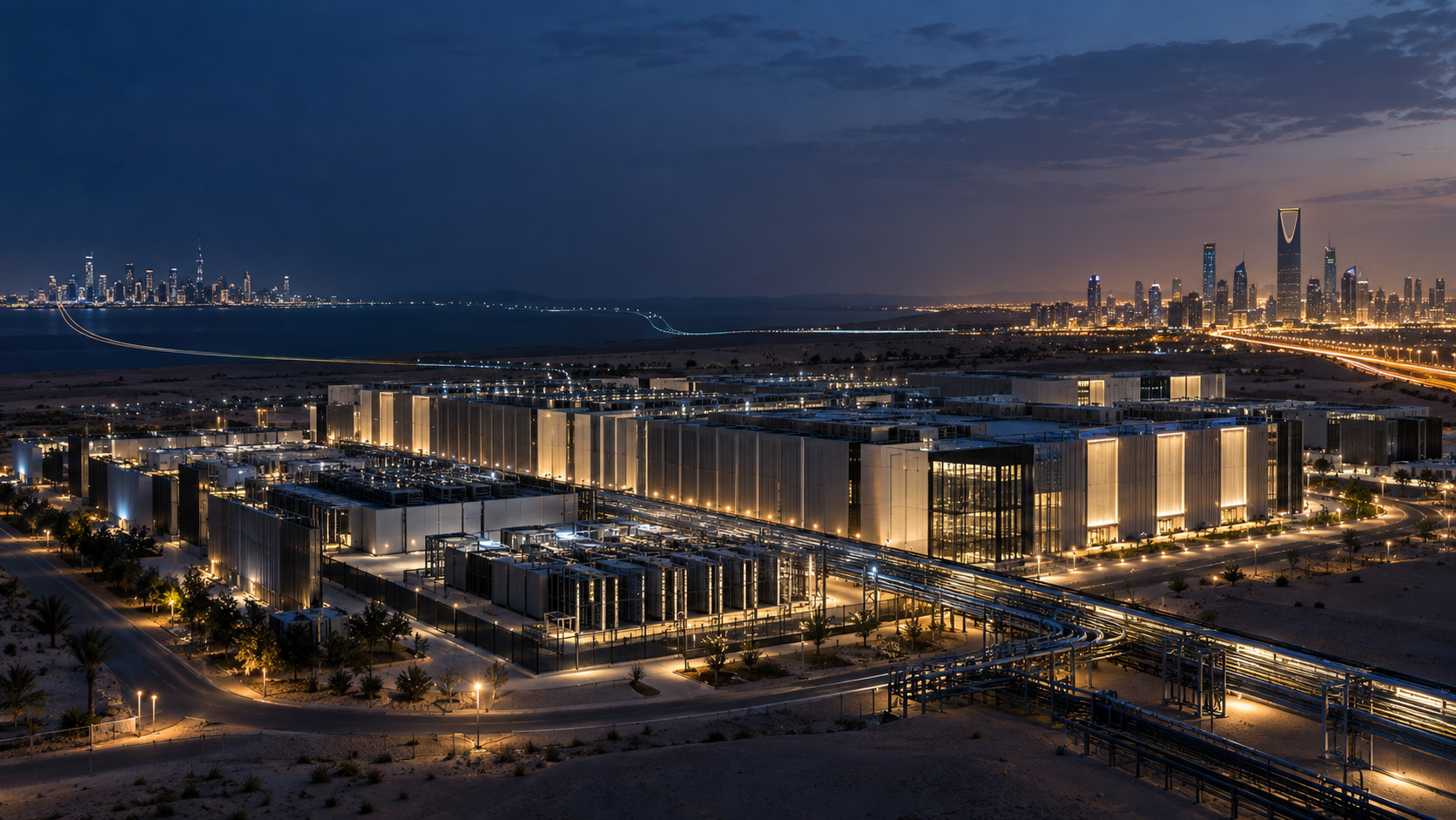 A high-performance computing campus linking Gulf and European digital infrastructure at blue hour