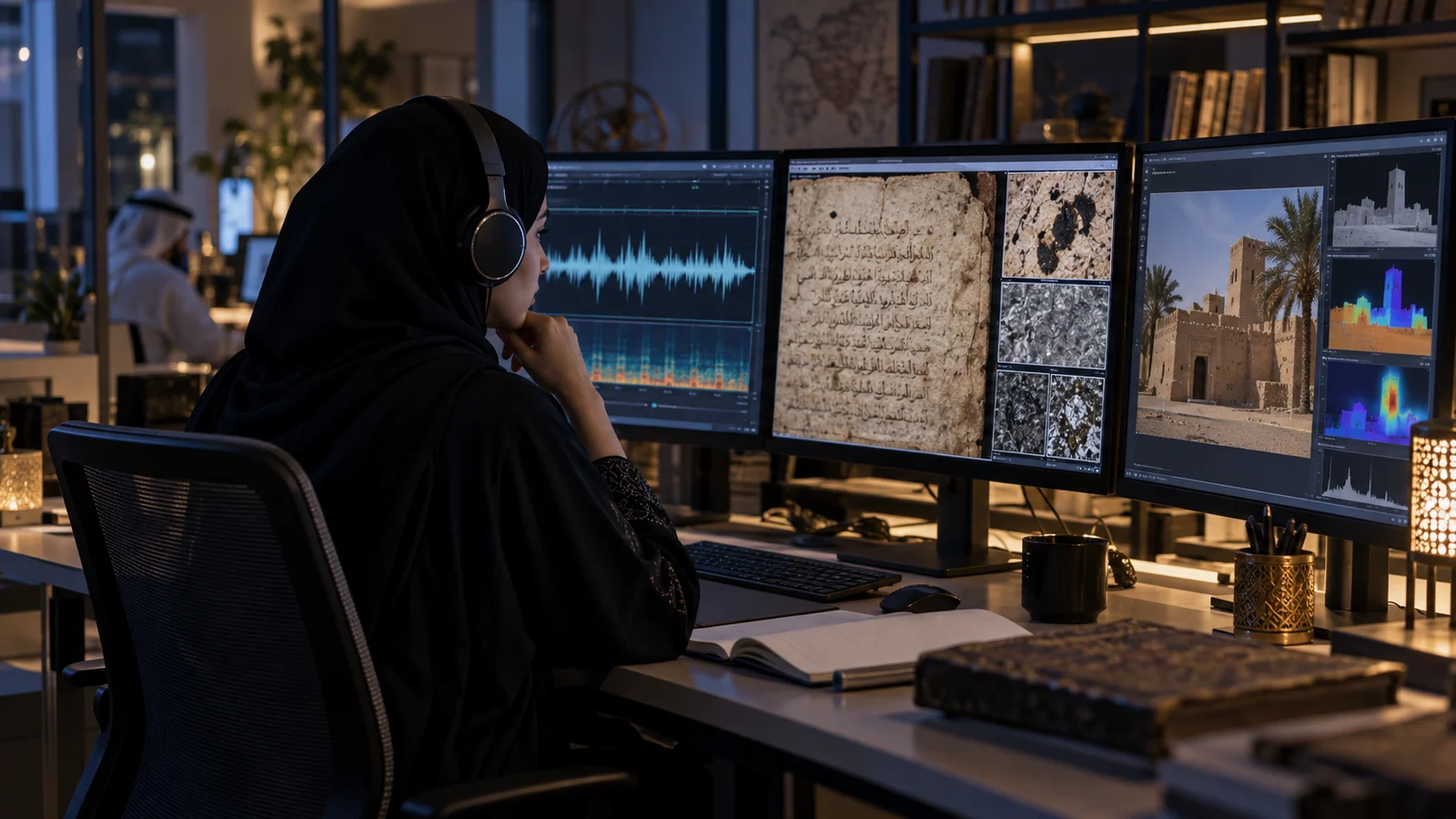 Editorial graphic representing Fanar 2.0's Arabic language, speech and multimodal AI stack