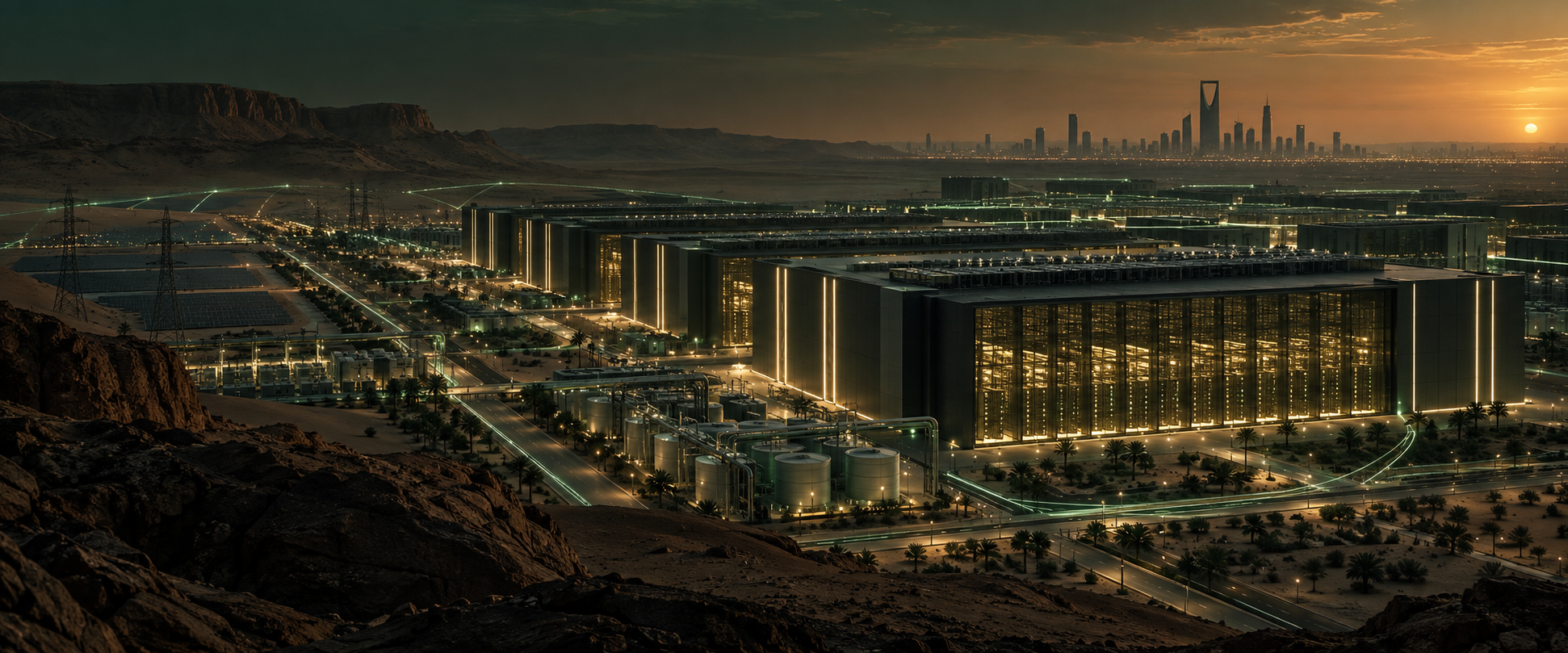 Editorial illustration of Saudi hyperscale AI data center infrastructure