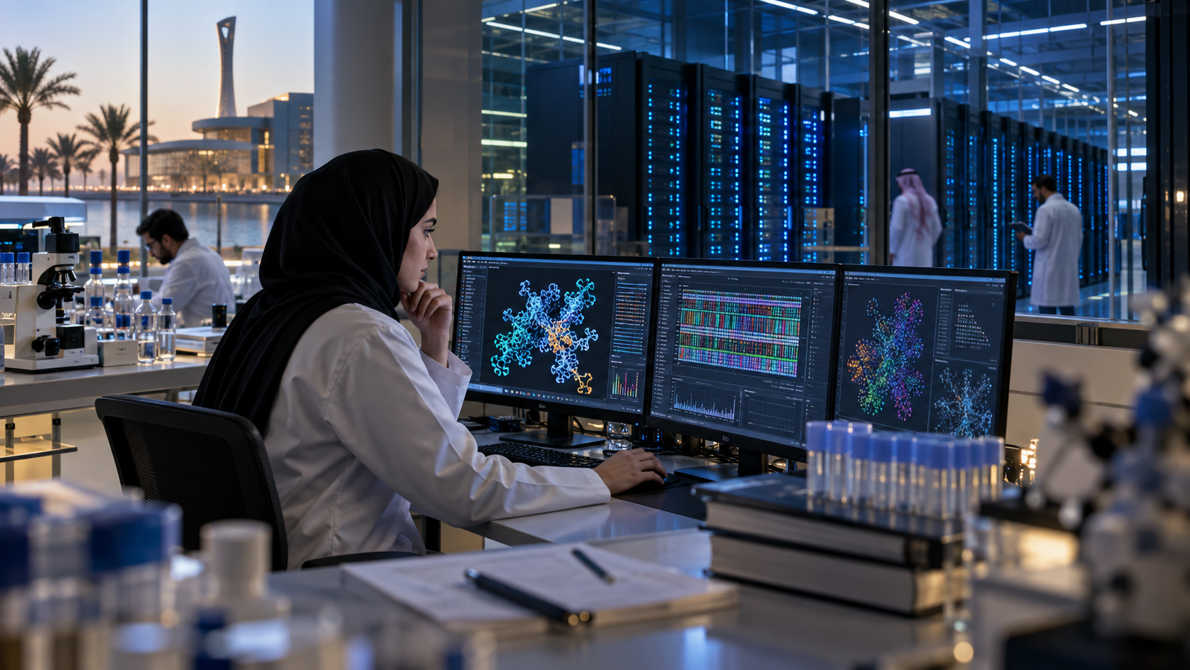 Editorial illustration of a KAUST-style scientific AI laboratory with a researcher and supercomputing racks