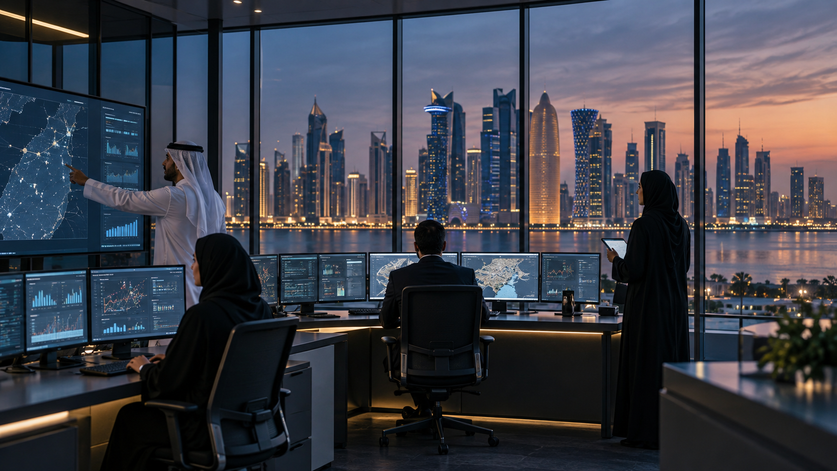 Editorial illustration of a Doha operations centre using governed autonomous AI systems