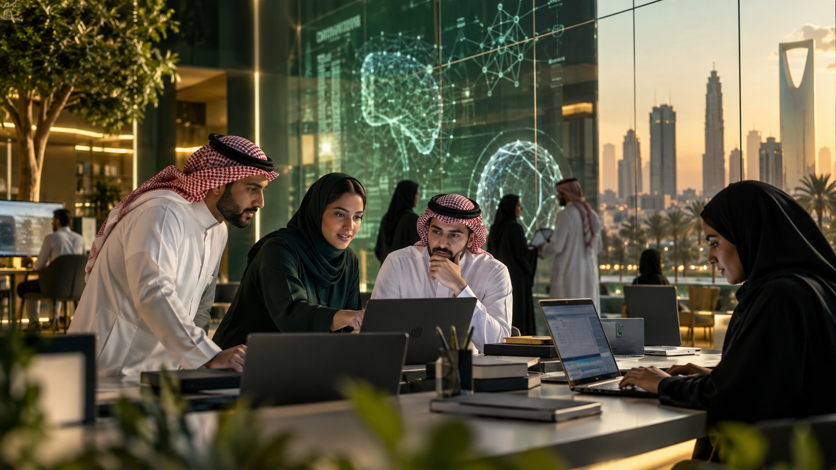 Editorial illustration of Saudi professionals collaborating in an AI learning and innovation space