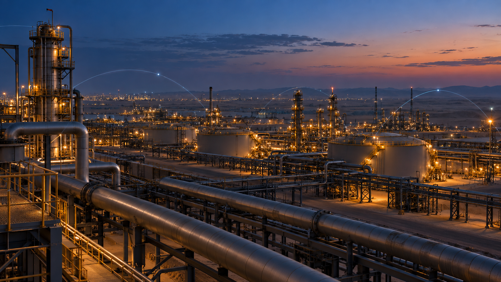 Editorial illustration of Saudi oil-processing infrastructure at dusk with connected data signals