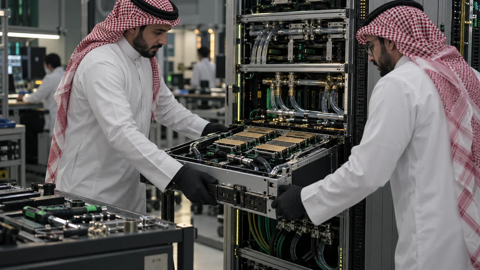 Editorial graphic illustrating HUMAIN and AMD's planned AI compute network in Saudi Arabia