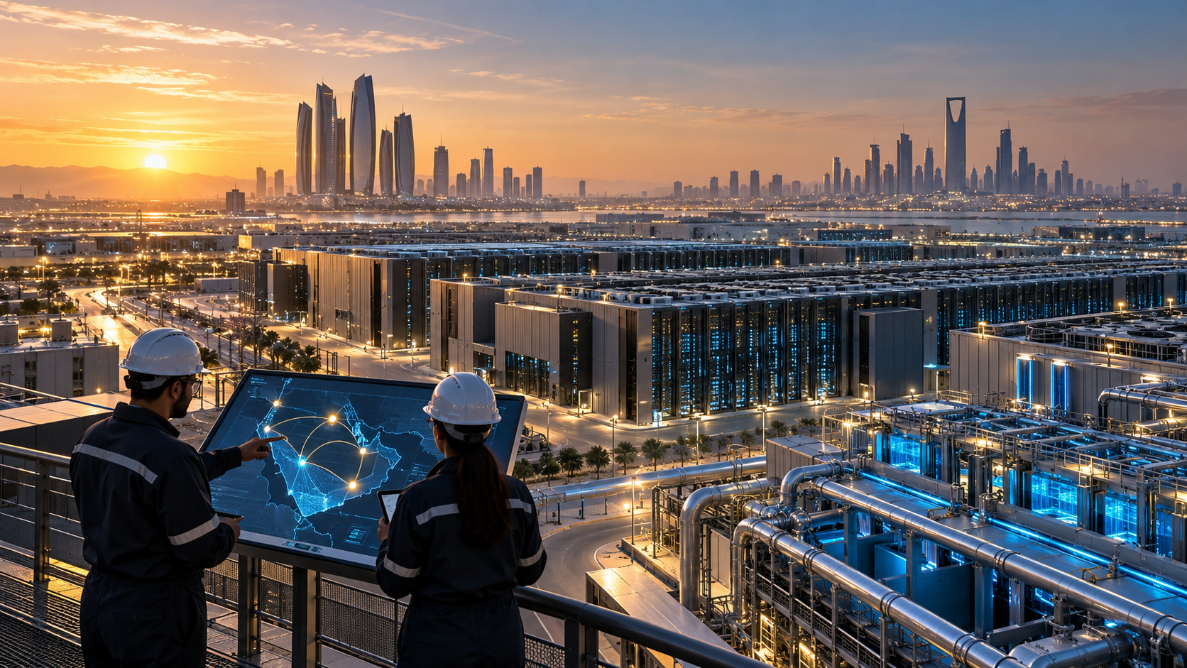 Engineers surveying a large Gulf AI data-centre campus with UAE and Saudi city skylines