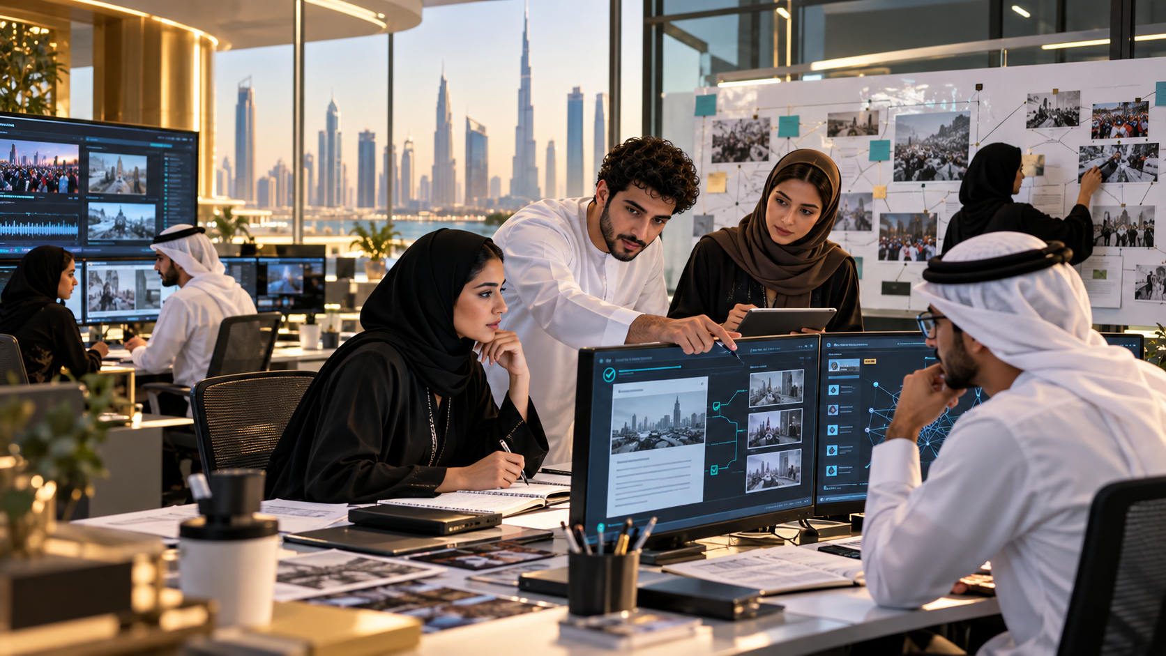 Young Arab media professionals testing AI agents with human editorial review in Dubai